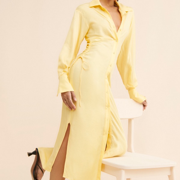 Yellow Long Sleeve Notched Collar Maxi Shirt Dress